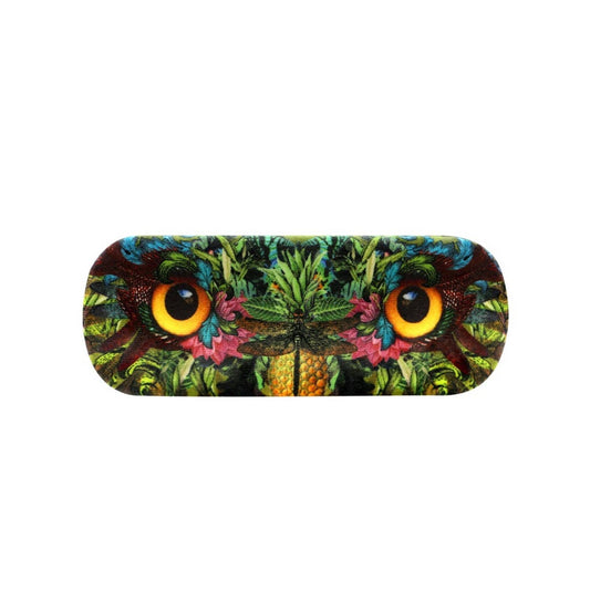 Colorful velvet glasses case with bright owl eyes and owl design in leaves and flowers on a white background