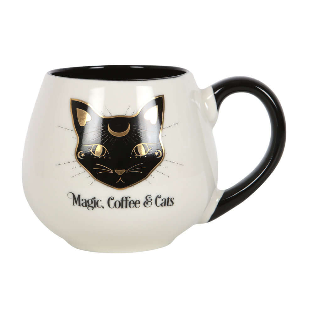 Cat-shaped mug with black cat face design and 'Magic, Coffee & Cats' text on a white background