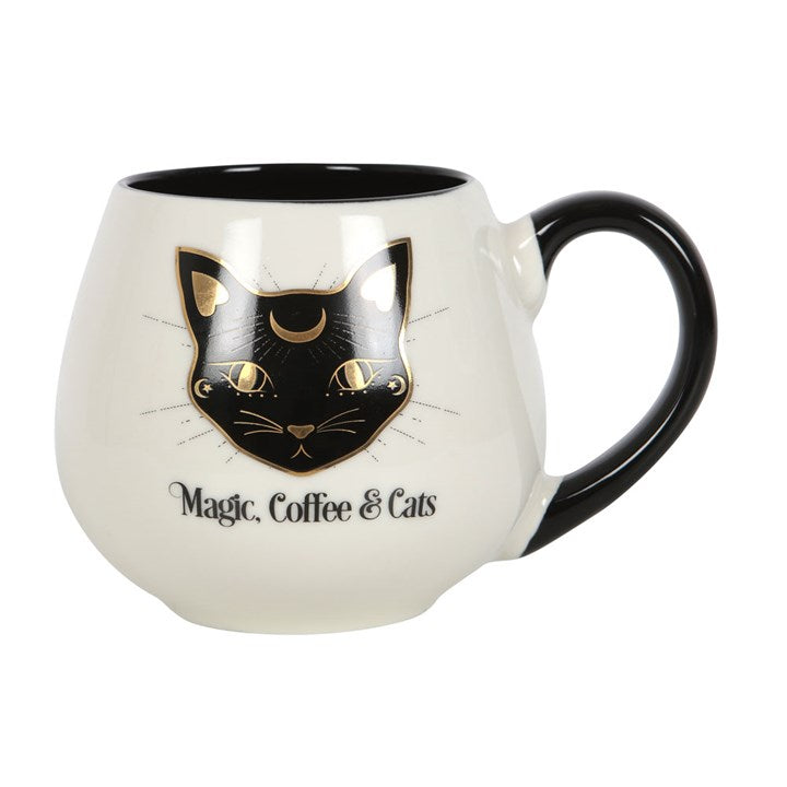 White mug with black cat design and text 'Magic, Coffee & Cats' on a white background
