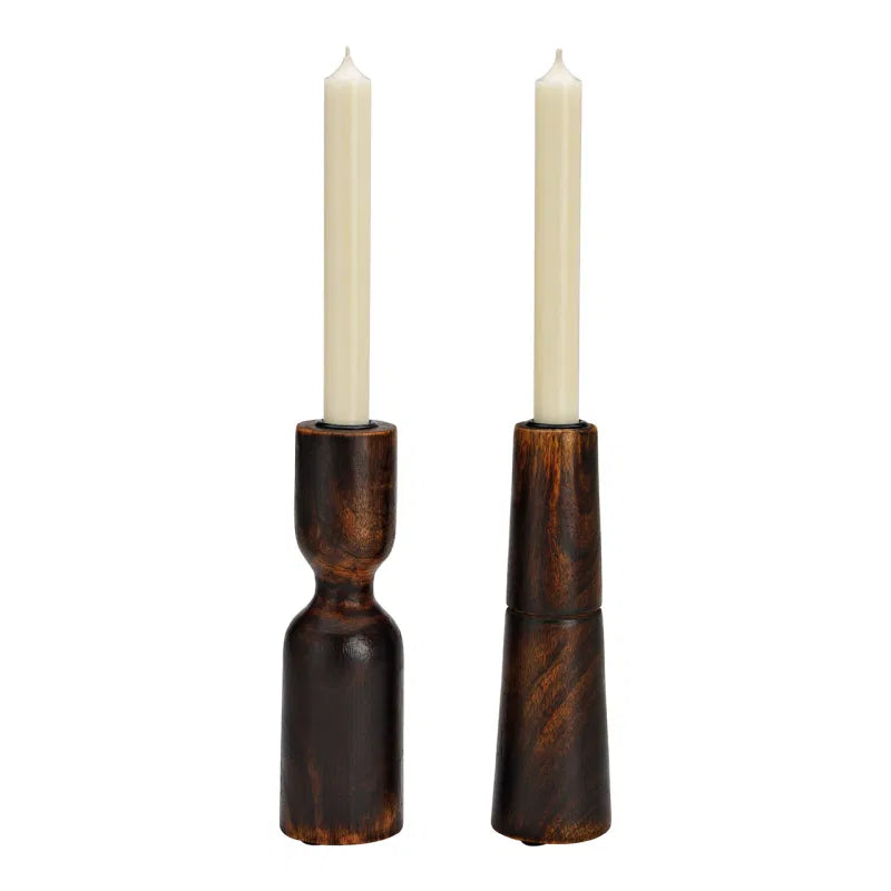 Mango wood candle holders with white candles 20 cm tal