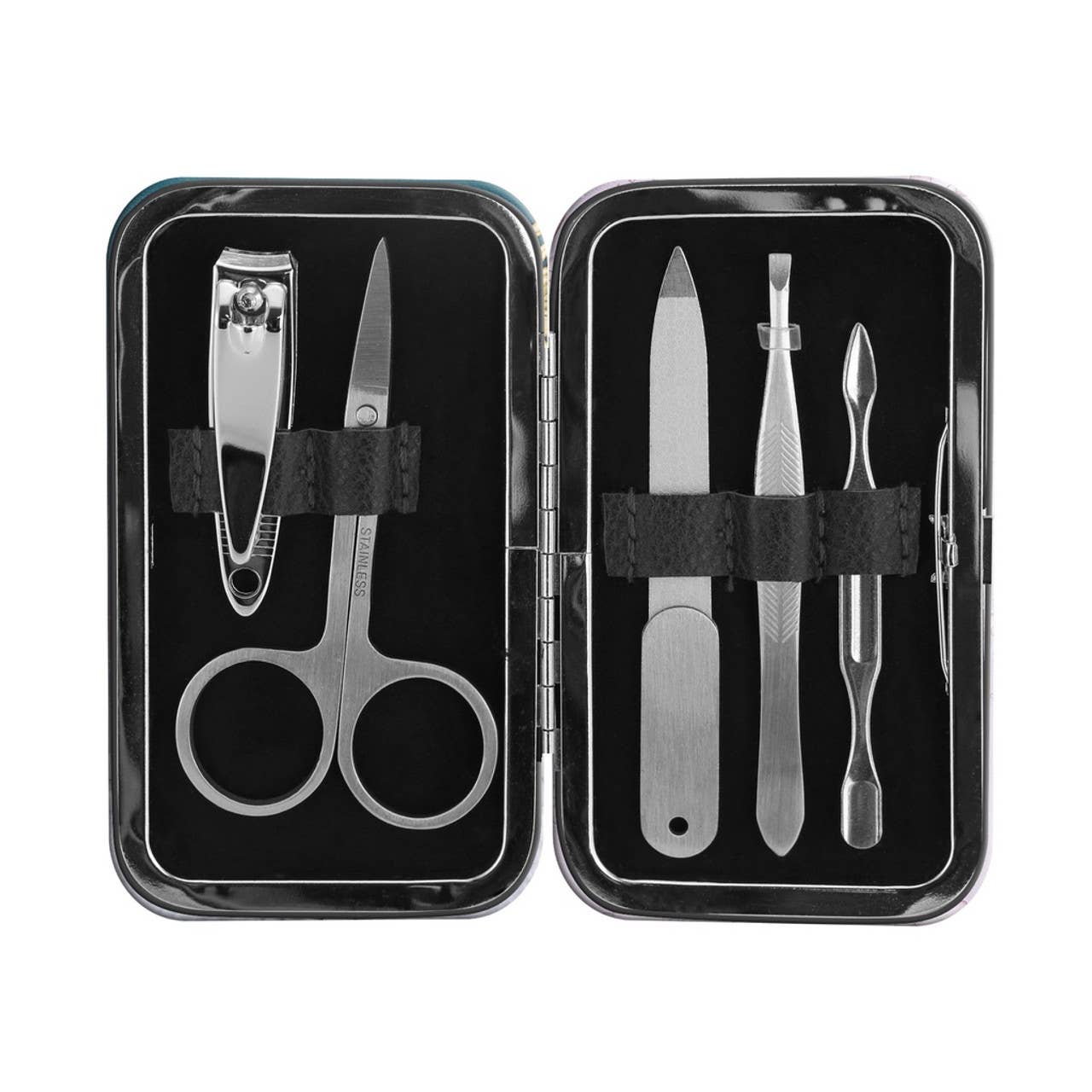 Manicure set with scissors, nail clippers, and tweezers in a black case on a white background