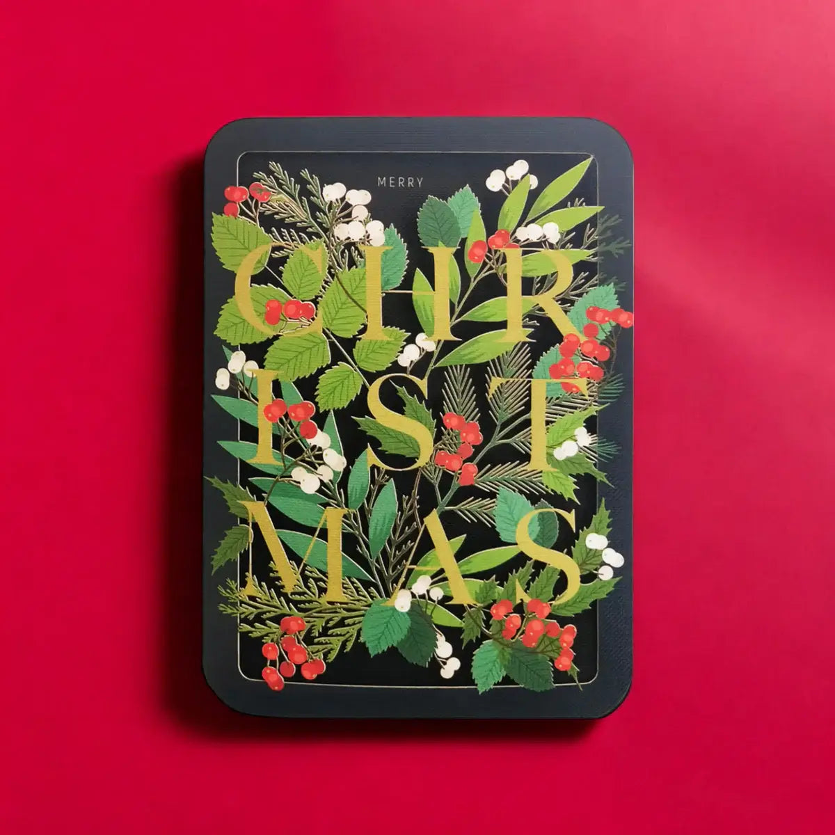 Greeting card with festive text and decorations on a red background