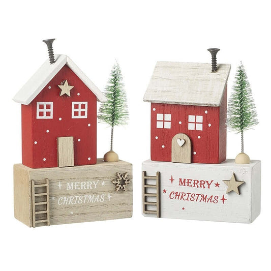 Two Christmas-themed wooden houses with 'Merry Christmas' text on a white background