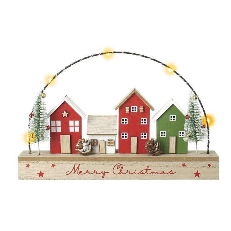 Decorative Christmas scene with colorful houses and lights on a white background