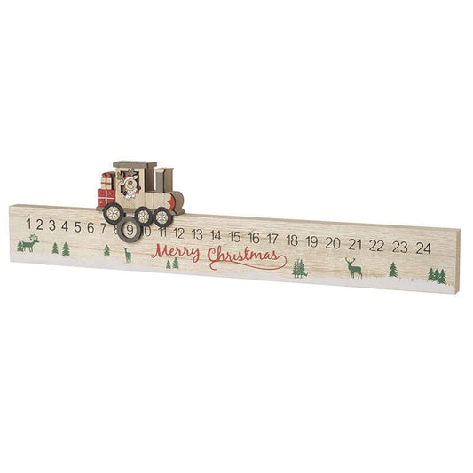 Wooden Christmas countdown calendar with train design on a white background