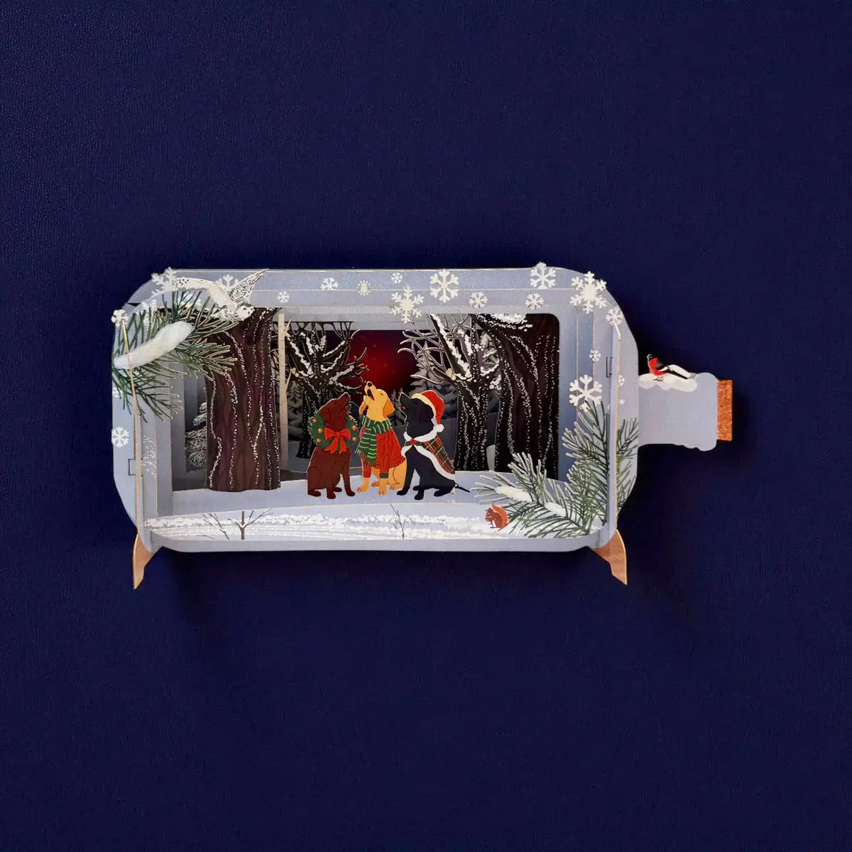 Decorative 3D card with a winter scene and dogs caroling design on a dark blue background