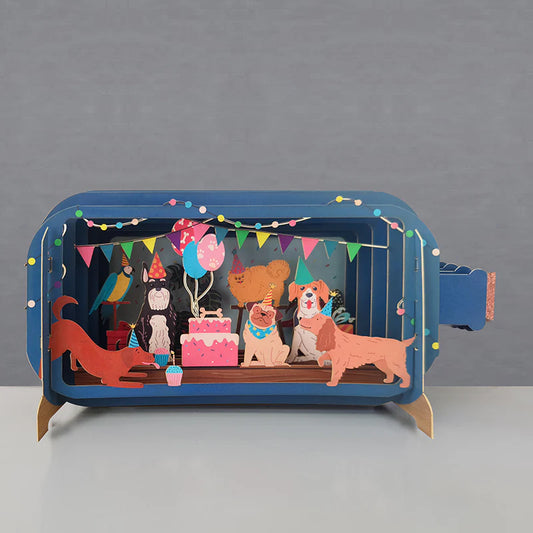 Dogs with party hats and Birthday Cake and bunting