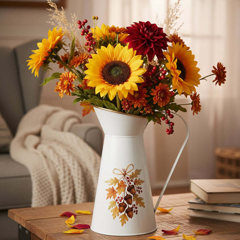 White pitcher with autumn leaf and acorn design with yellow and orange flowers on a coffee table