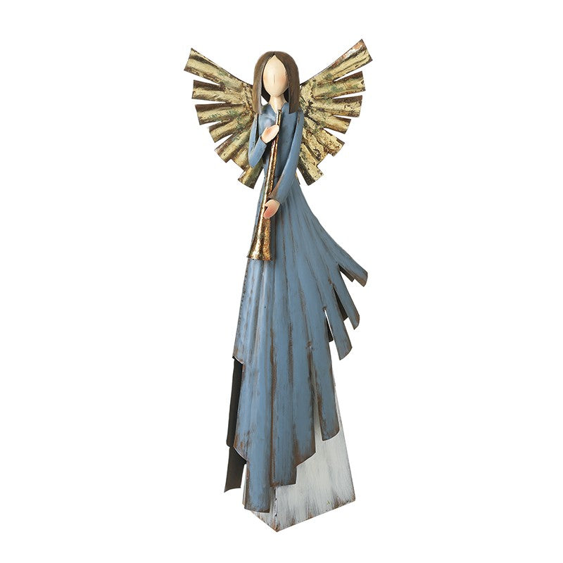 Decorative angel figurine with a blue robe and gold wings on a white background