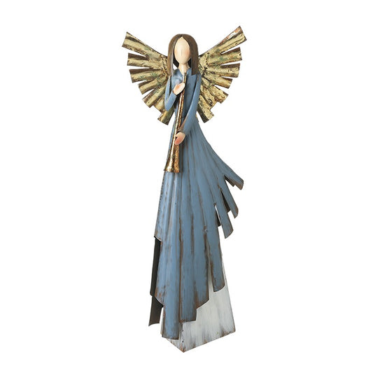 Decorative angel figurine with a blue robe and gold wings on a white background