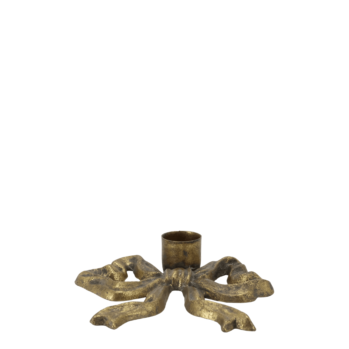 A distressed brass bow-shaped candle holder with a central cup, set against a plain white background.