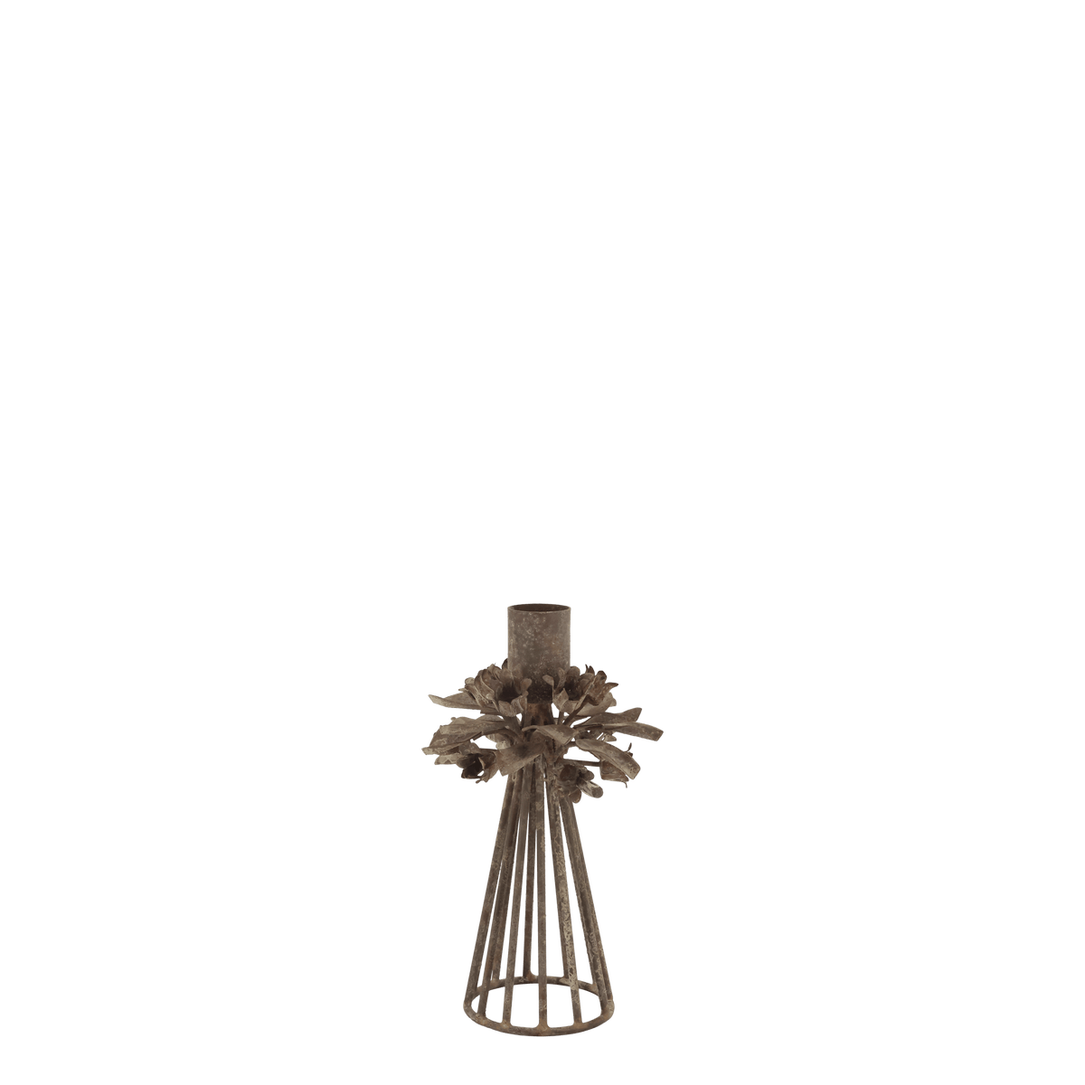 A rustic metal candle holder with a textured cylindrical top, leafy branch details, and a slatted conical base, shown against a plain white background.