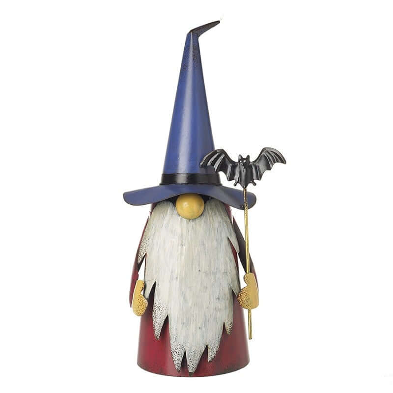 A Halloween witch gnome figurine with a tall blue hat, white beard, red body, and a small bat on a staff, shown against a plain white background.