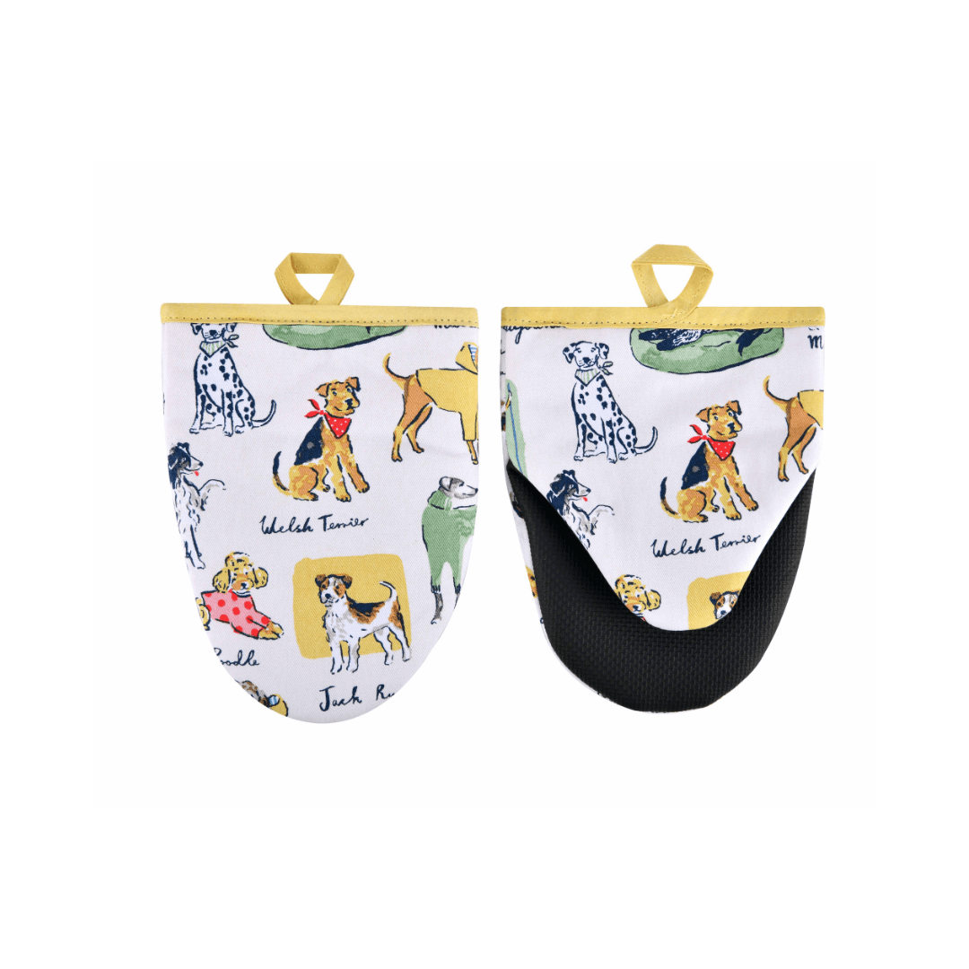 Pair of oven mitts with dog pattern on a white background
