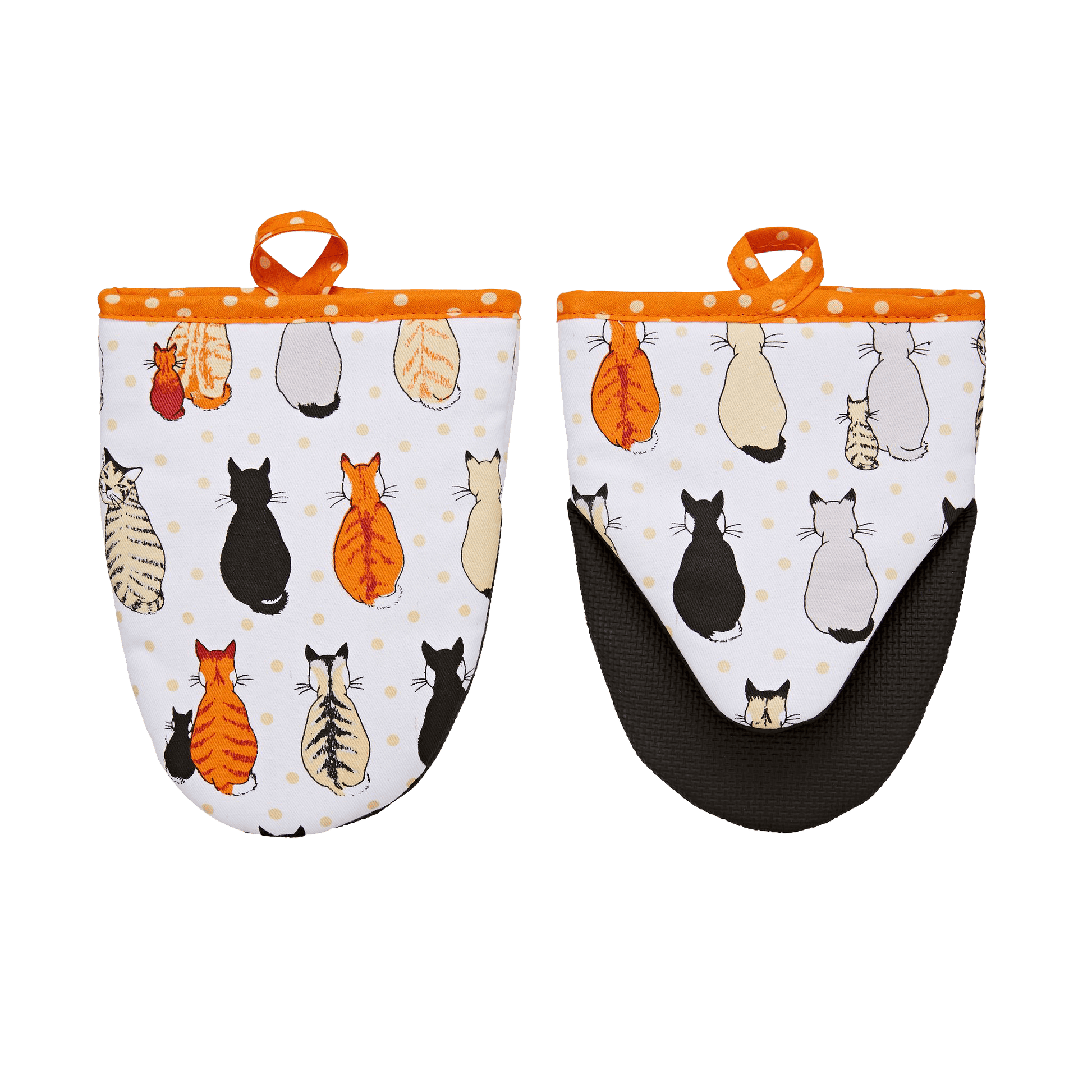 Pair of oven mitts with cat pattern on a white background