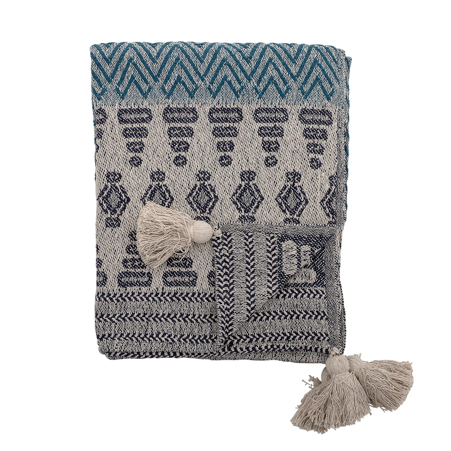 Textured throw blanket with geometric pattern and tassels on a white background