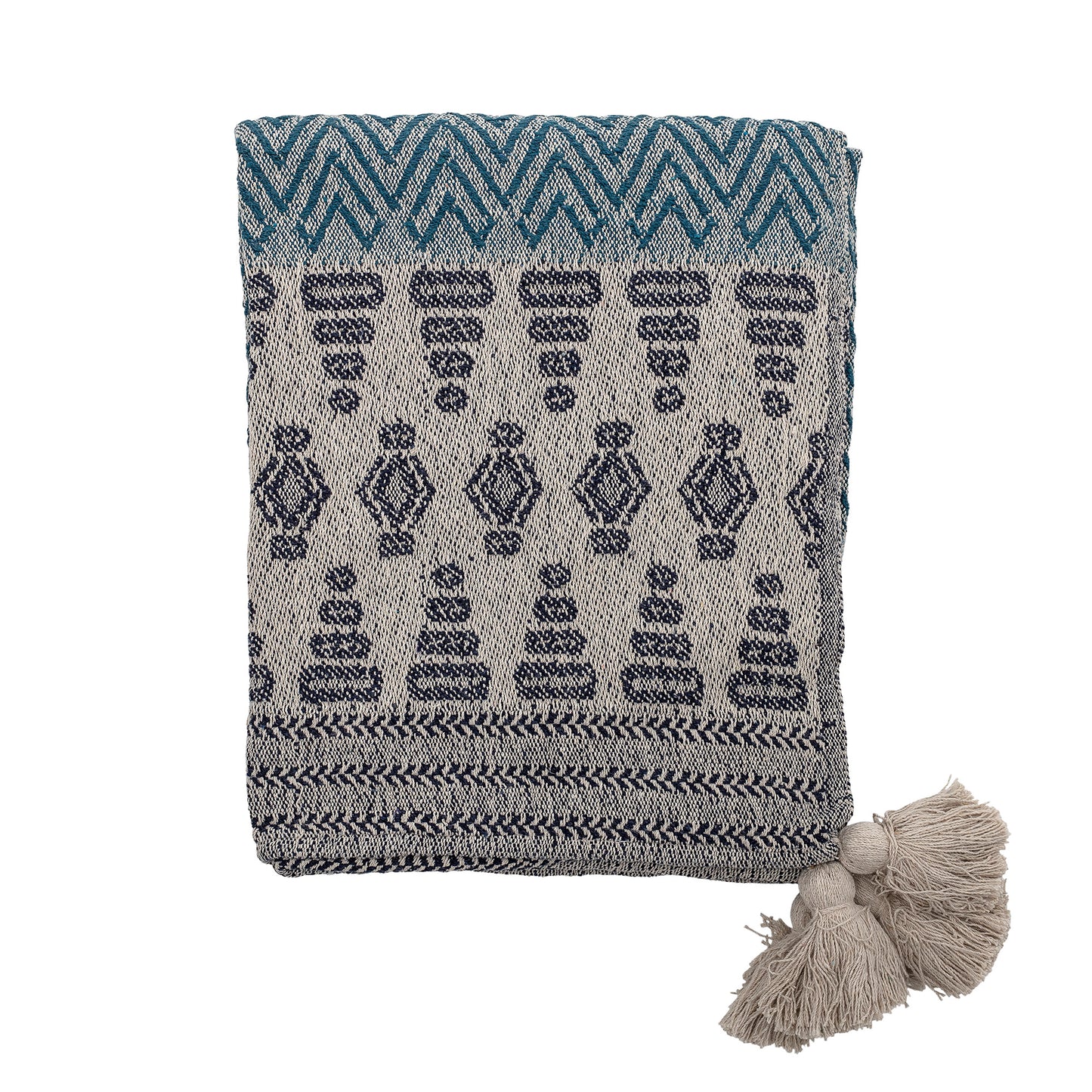 Textile with geometric pattern and tassels on a white background