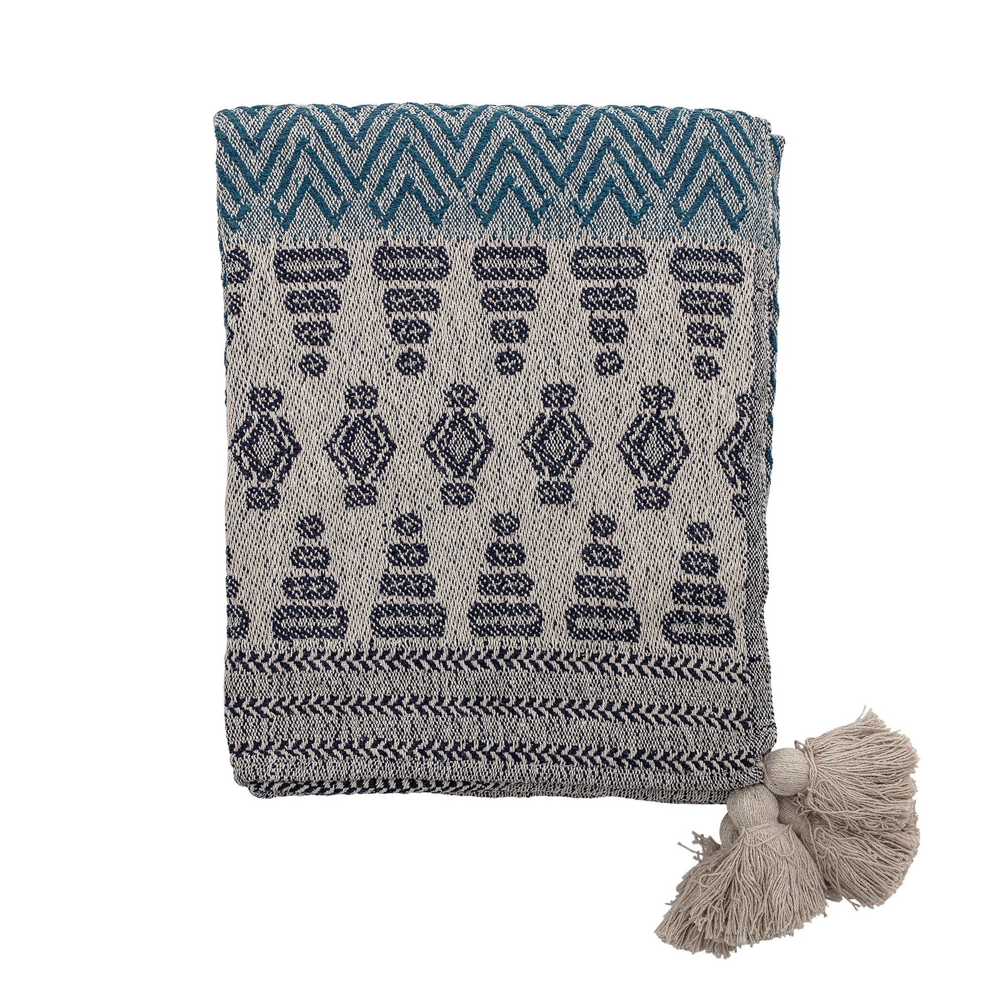 Textile with geometric pattern and tassels on a white background