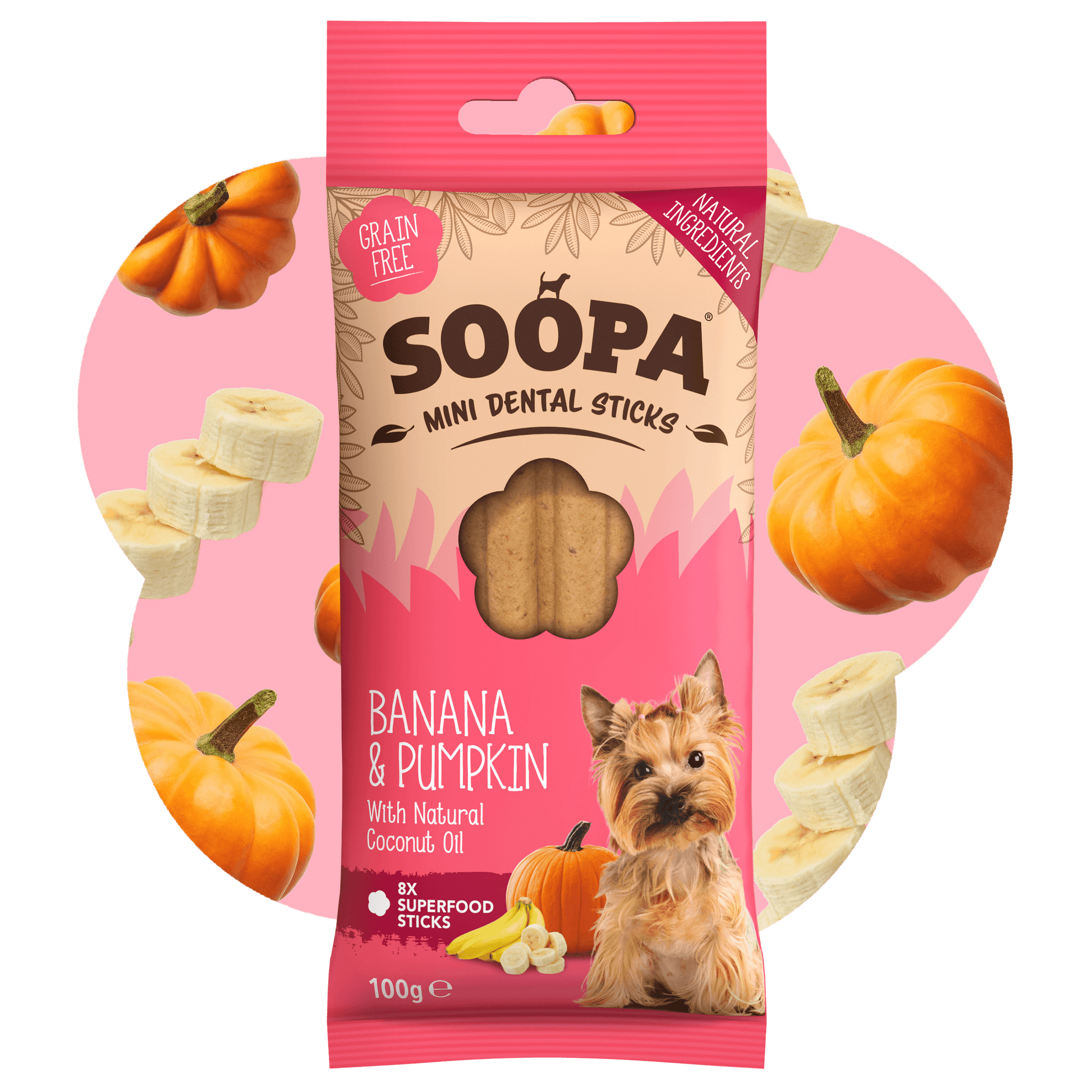 Soopa Mini Dental Sticks packaging with banana and pumpkin illustrations on a pink background