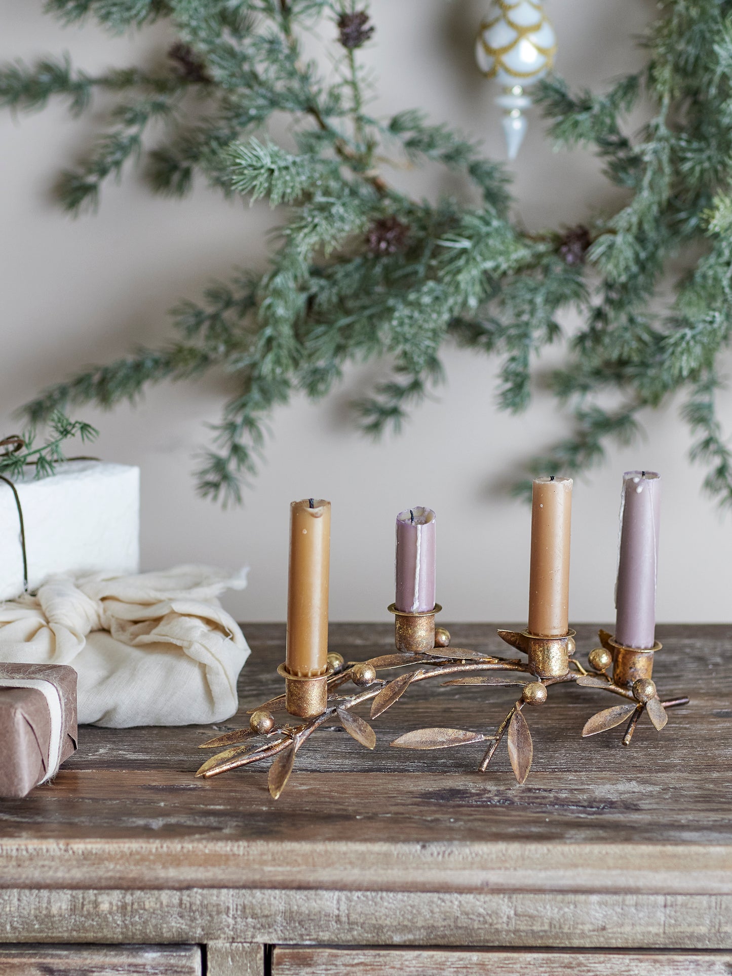 Mirabel Candle holder, gold effect leaves and berries sitting on Christmas table