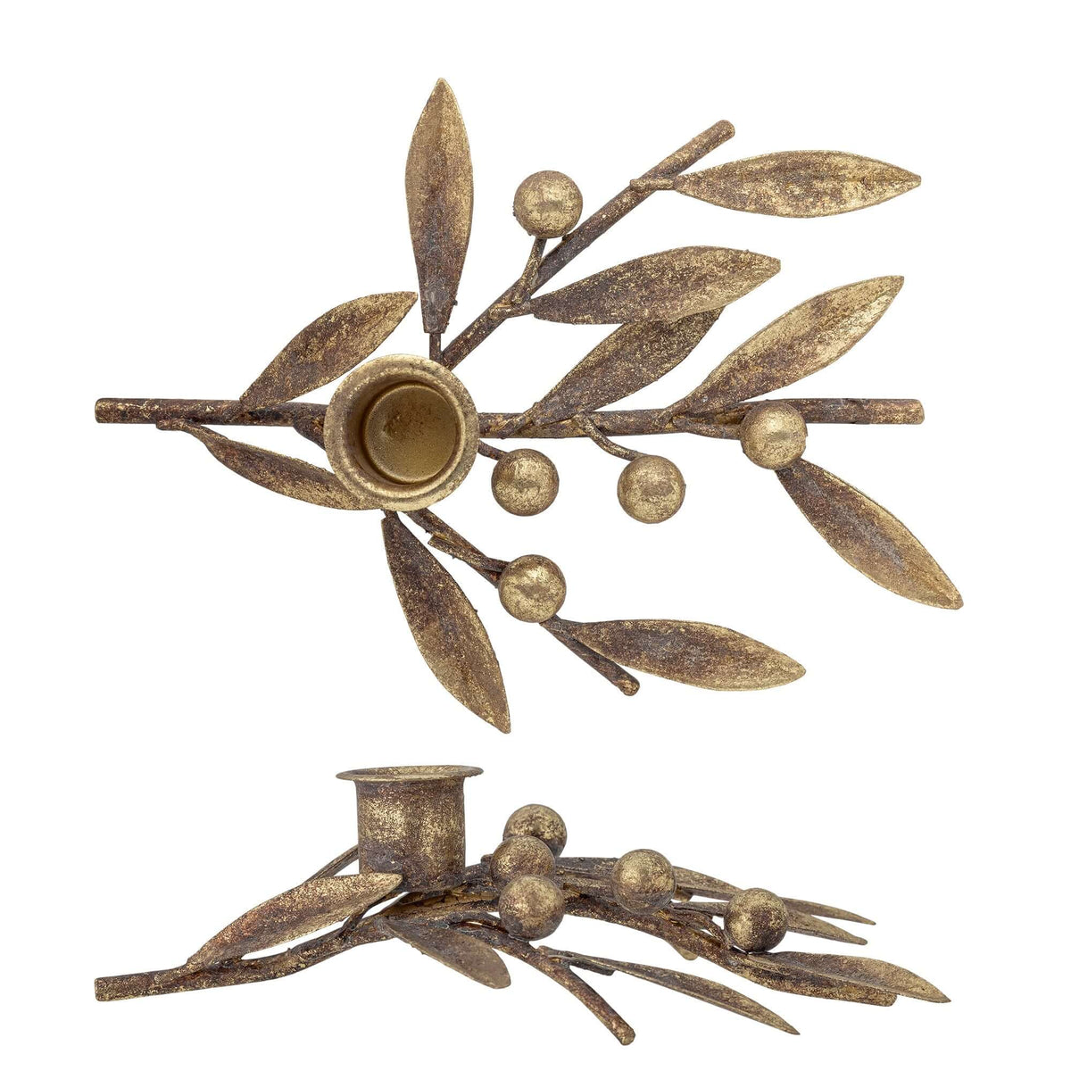 Decorative candle holder with leaf and berry design on a white background