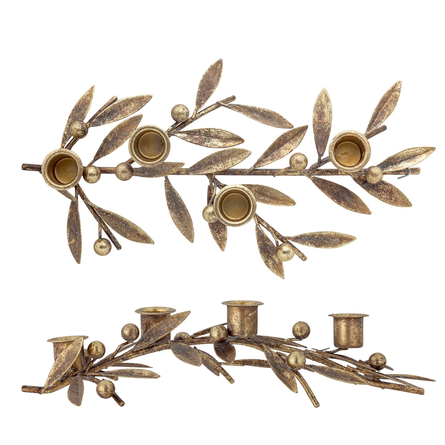 Mirabel Candle holder, gold effect leaves and berries. Space for 4 taper candles. Side view and view from above