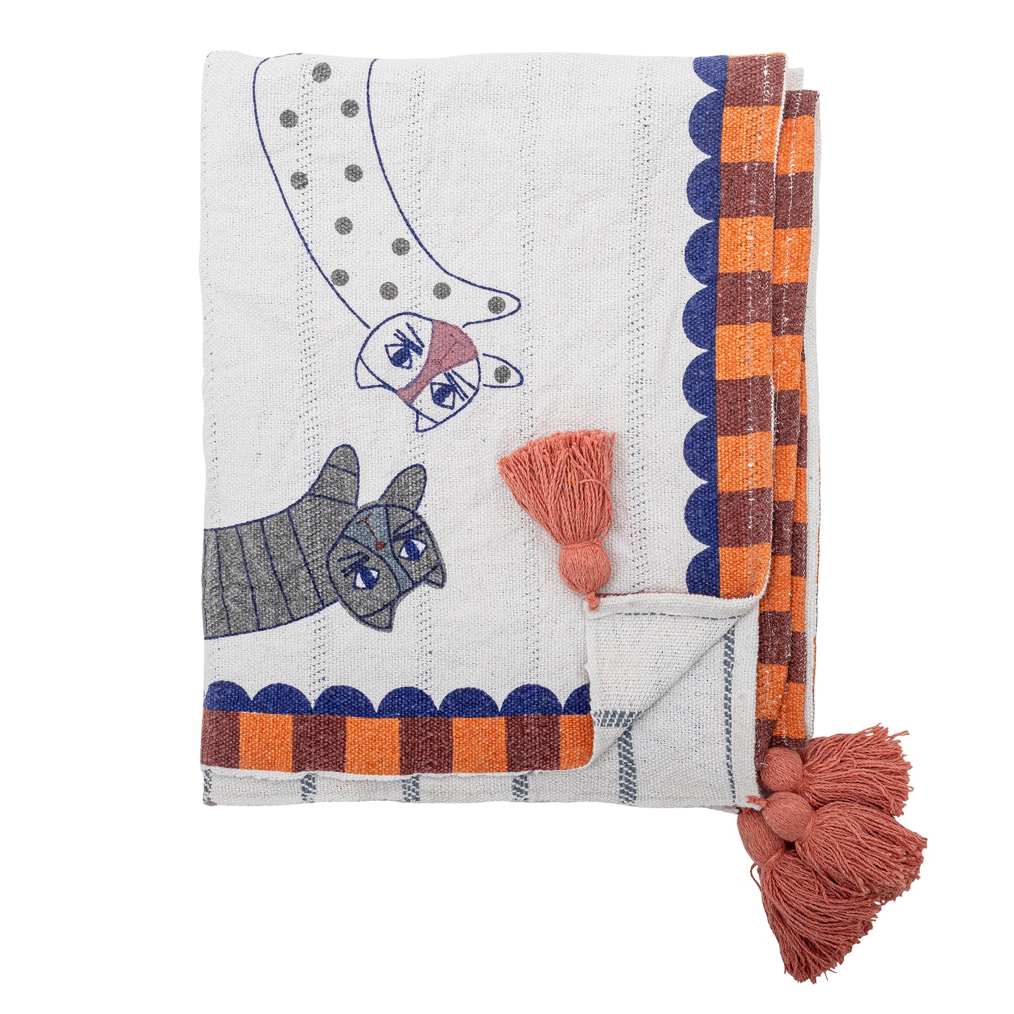 Decorative blanket with cat design and tassels on a white background
