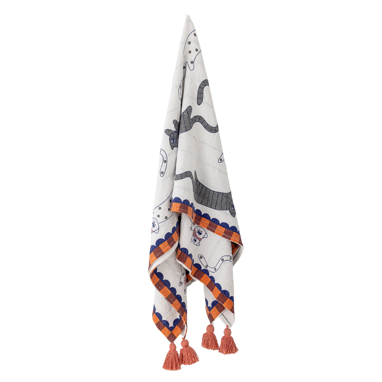 Decorative towel with cat pattern and tassels on a white background