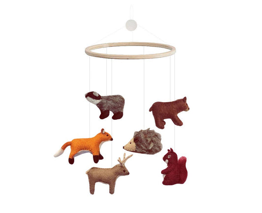 Woodland animal mobile with hanging ring on a white background