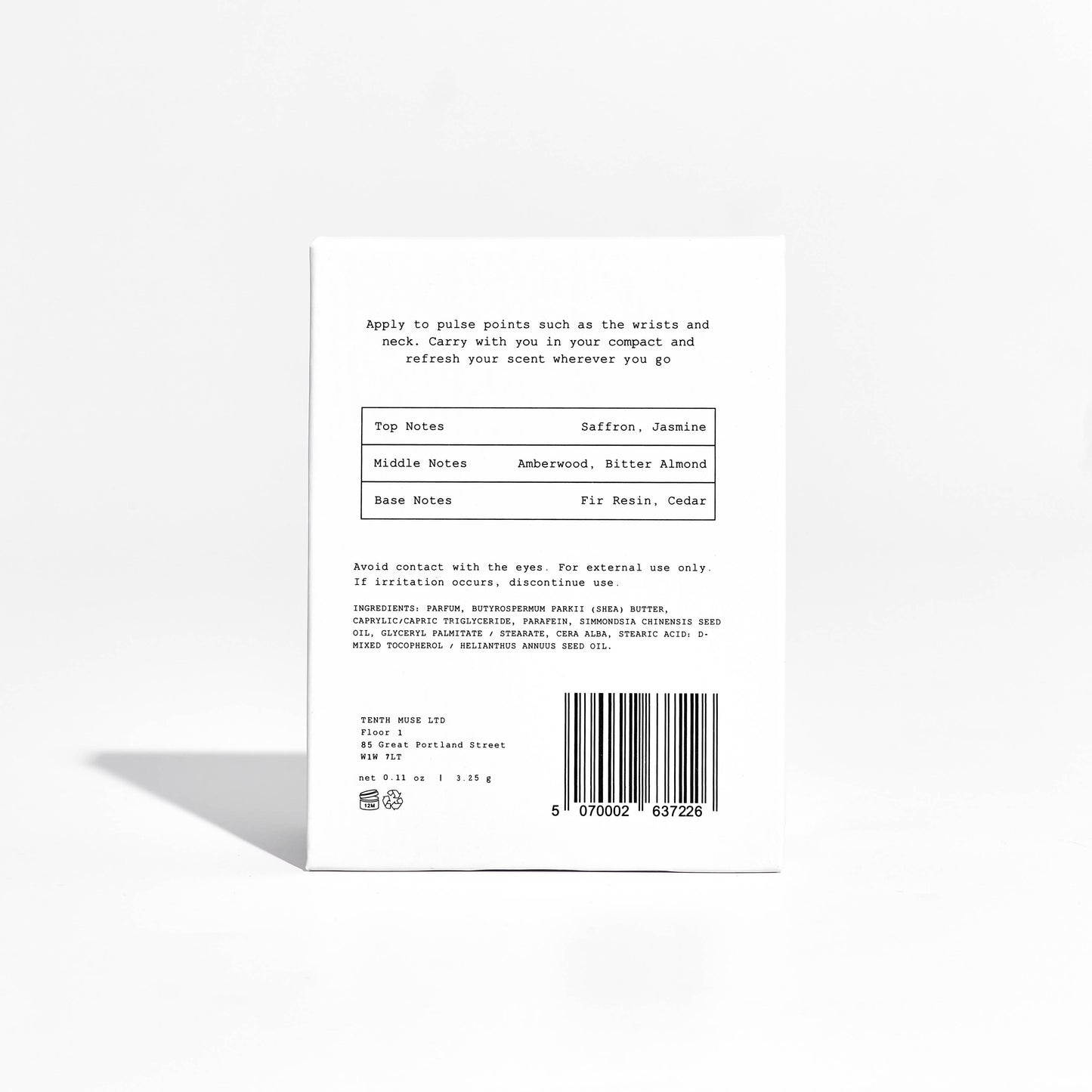 Product label with text and a barcode on a white background