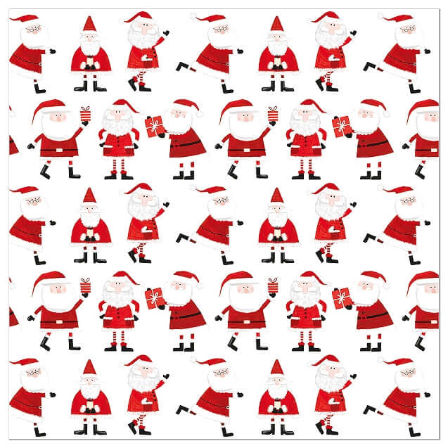 A repeating Christmas pattern featuring cartoon Santa Claus figures in red and black outfits on a white background, with some Santa figures holding wrapped gift boxes.