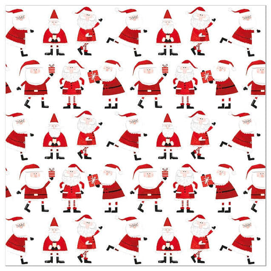 A repeating Christmas pattern featuring cartoon Santa Claus figures in red and black outfits on a white background, with some Santa figures holding wrapped gift boxes.