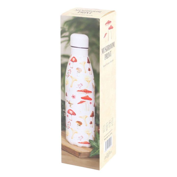 Mushroom print water bottle with packaging on a white background