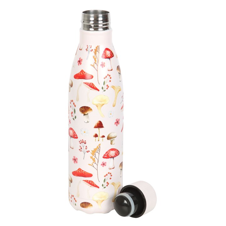 White water bottle with mushroom and floral pattern on a white background