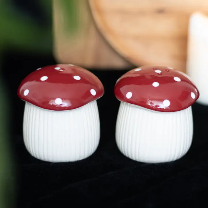 Mushroom salt and pepper shakers on a table