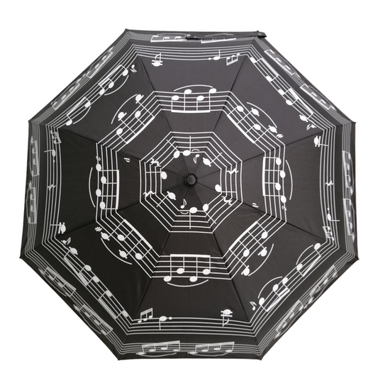 Black Folding umbrella decorated with White music Notes