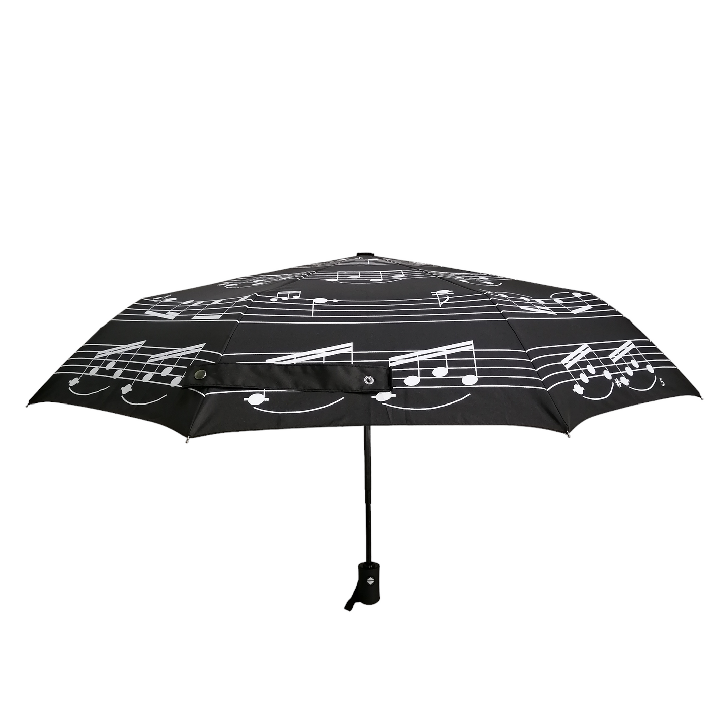 Side view of Black folding umbrella with white notes