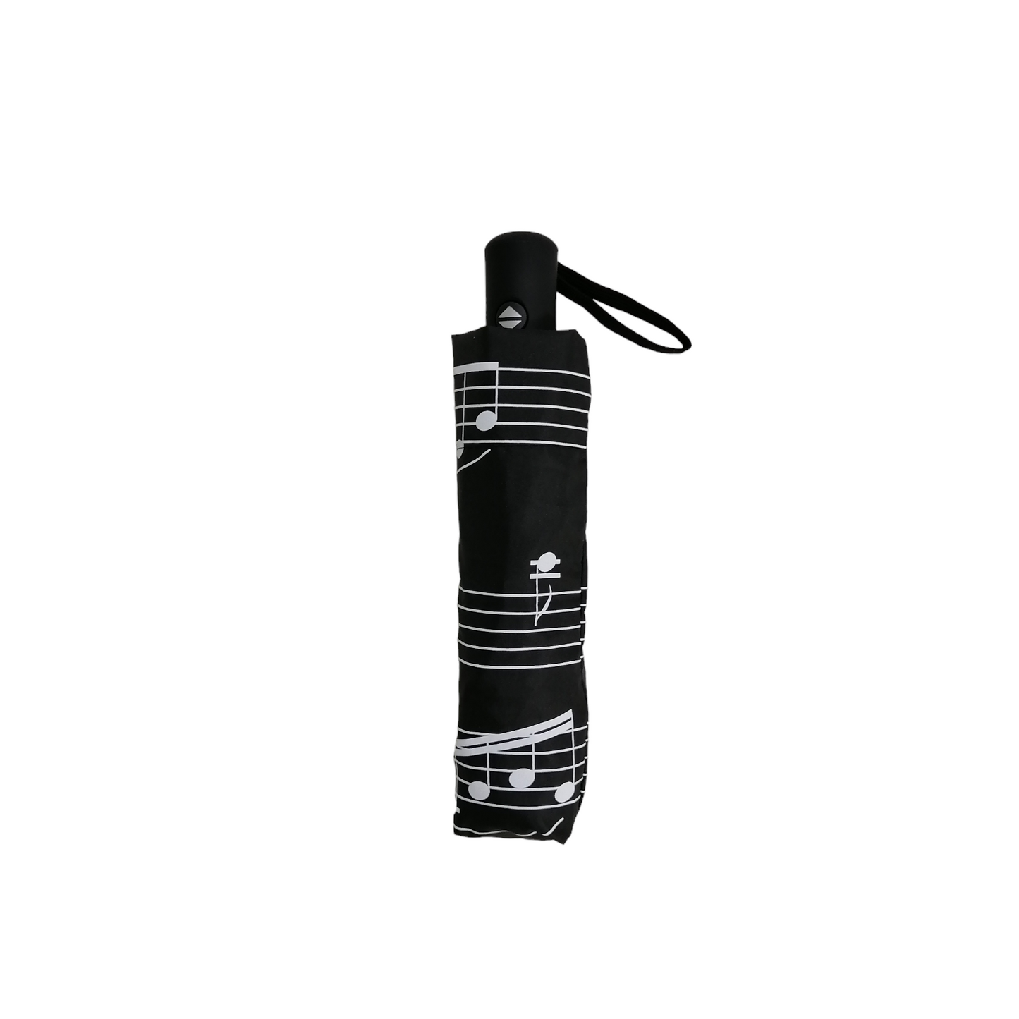 Black folding umbrella with withe music notes in its case
