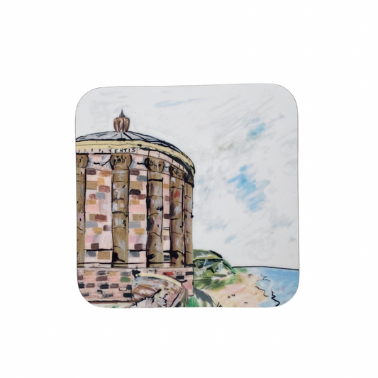 Square coaster with a design of a classical building and landscape