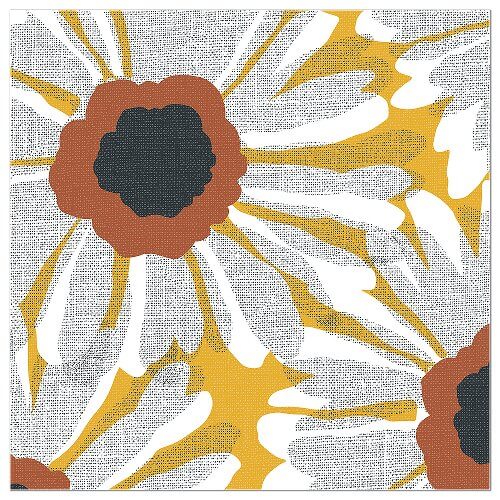 Abstract floral design napkin with brown, yellow, and white colors on a textured background.