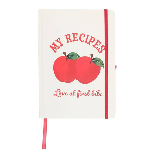 Cookbook with red apples and text on a white background
