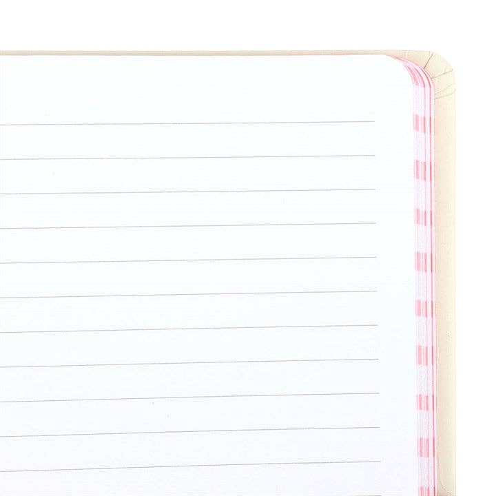 Notebook with lined pages and a pink border on a white background