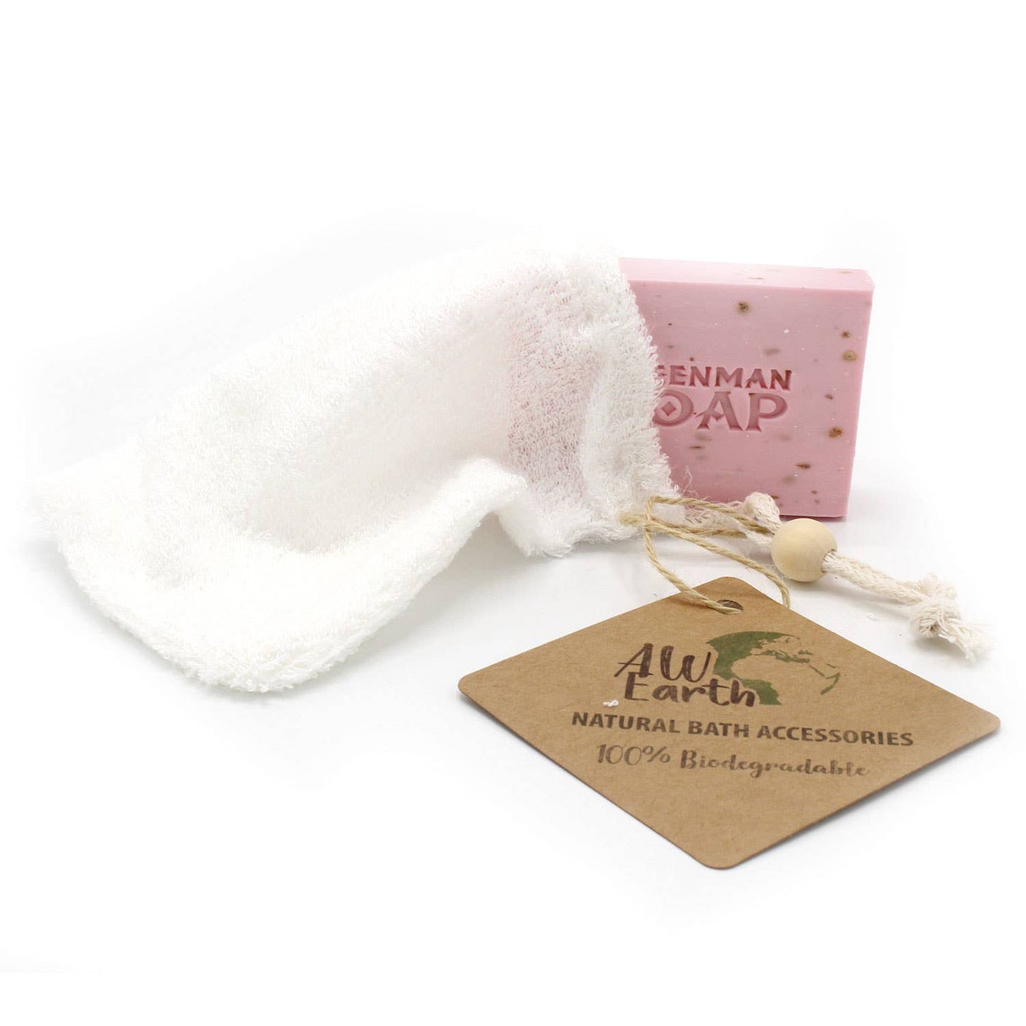 White washcloth with pink soap bar and 'All Earth' tag on a white background