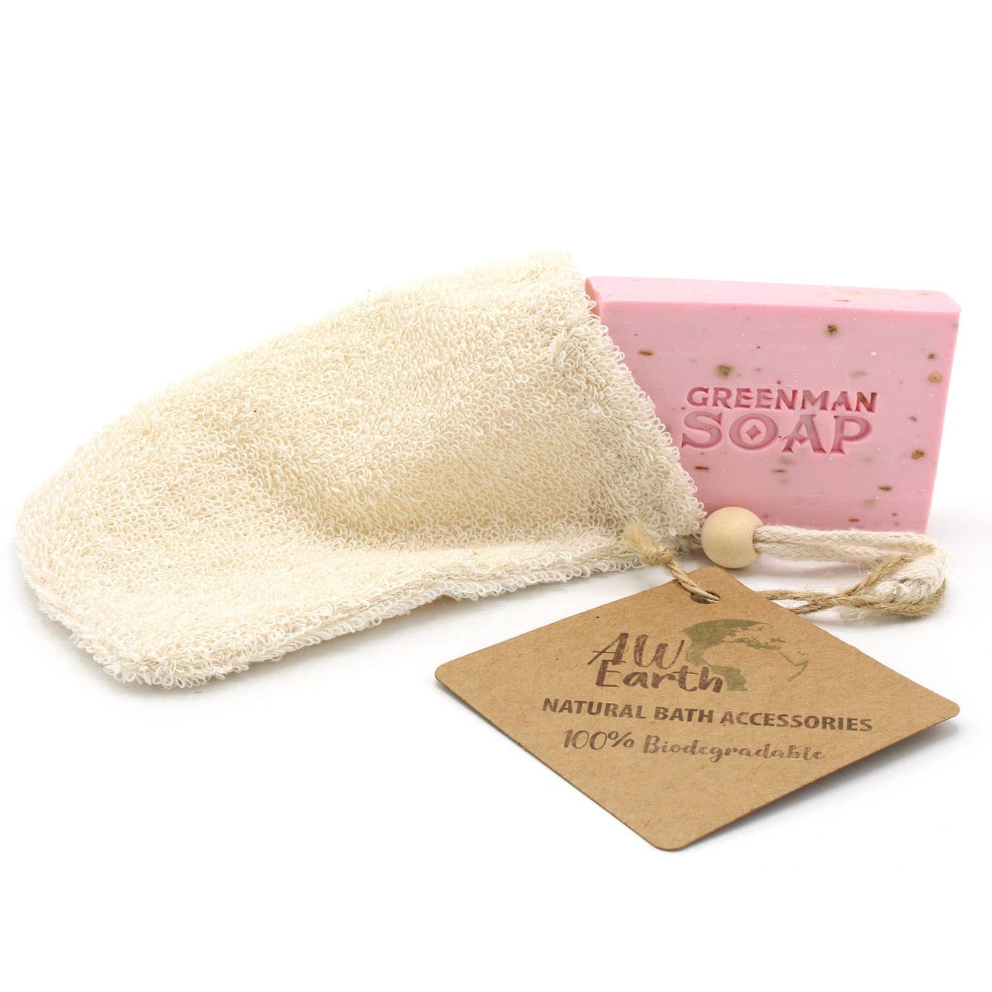 Natural bath accessories including a loofah, soap, and a card with branding on a white background