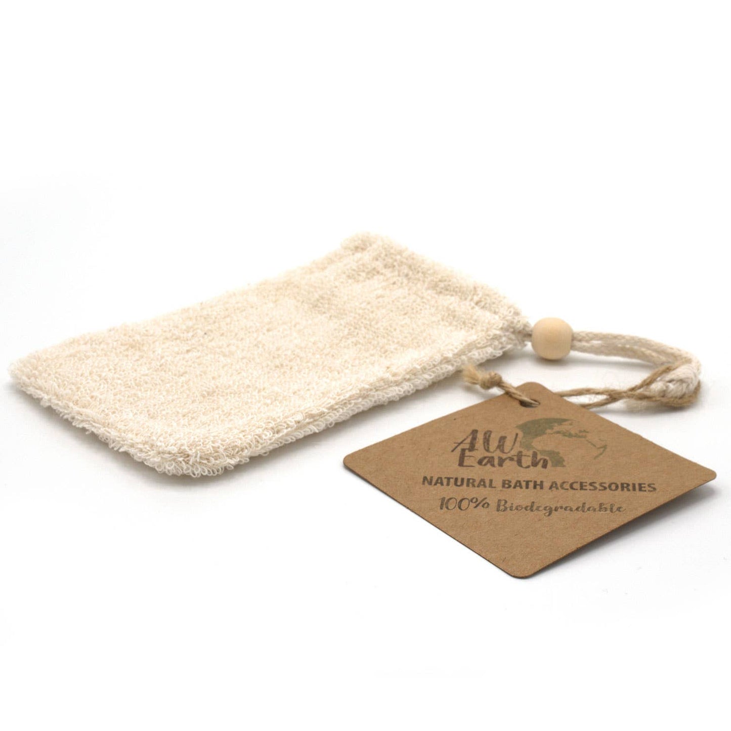 Beige bath bag with a branded tag on a white background