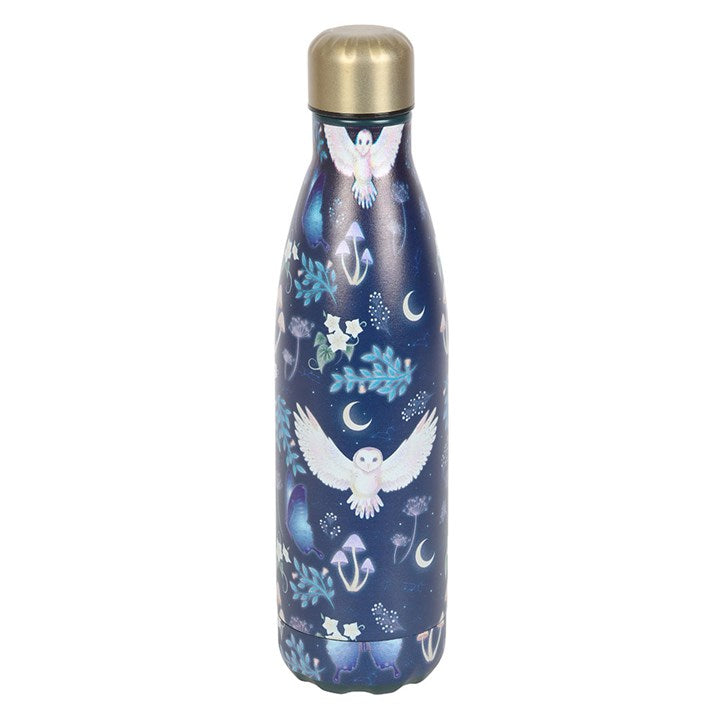 Navy blue water bottle with white owl design on a white background