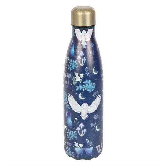 Navy blue water bottle with white owl design on a white background