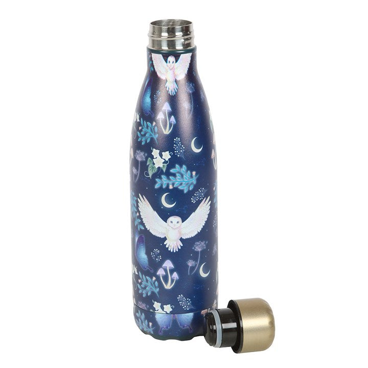 Blue water bottle with owl design on a white background