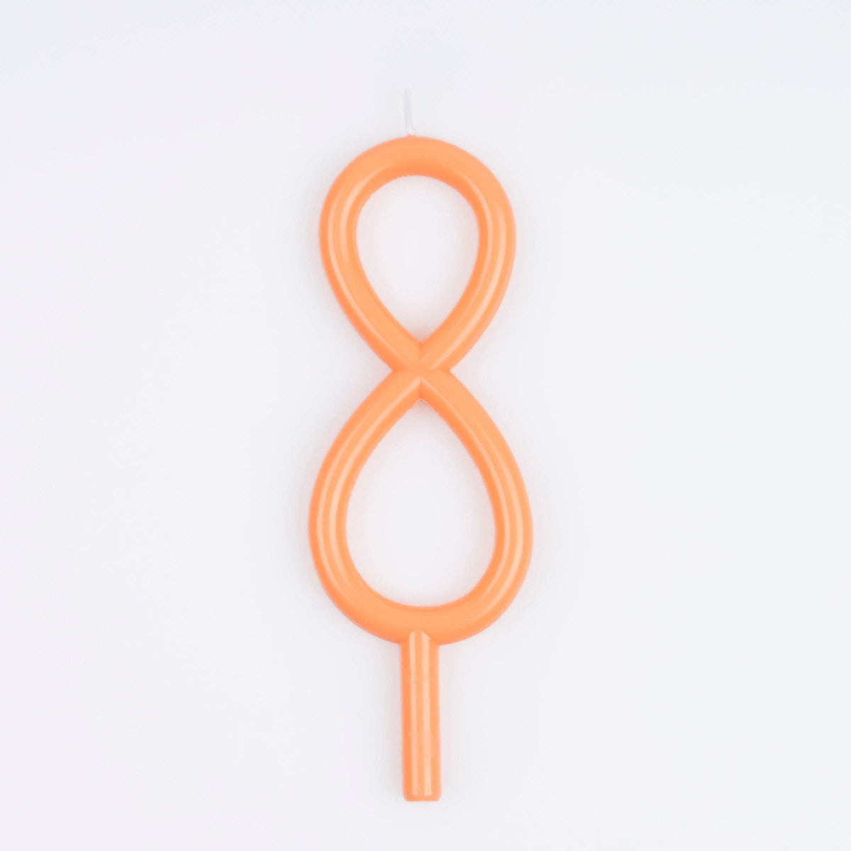 An orange eight shaped birthday candle with a wick at the top, shown on a plain white background.