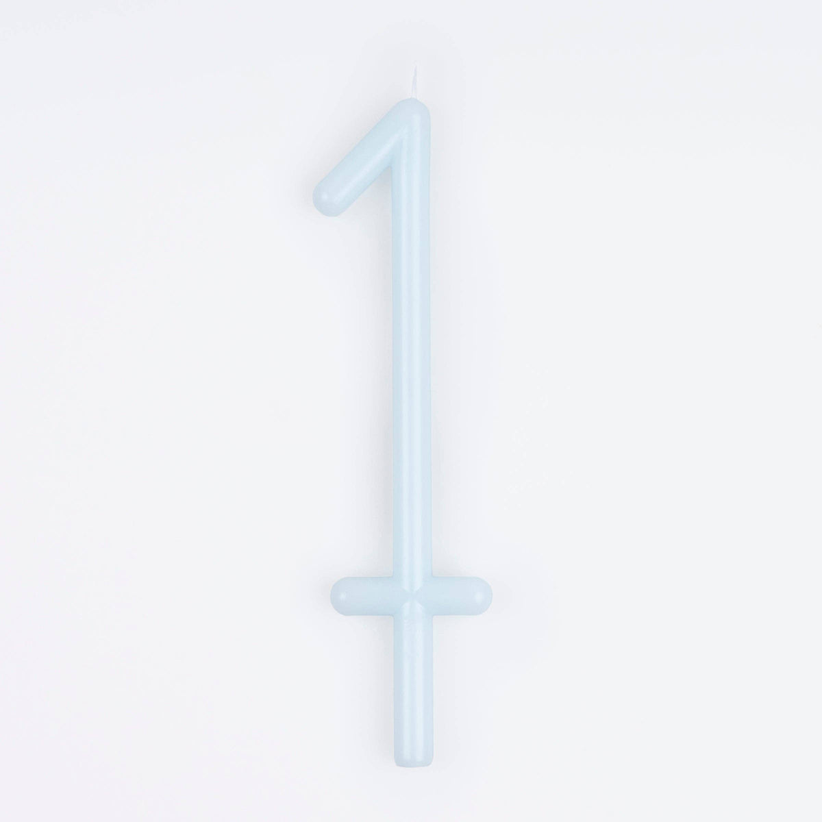 A single pale pastel blue candle shaped like the number one, photographed against a clean white background.